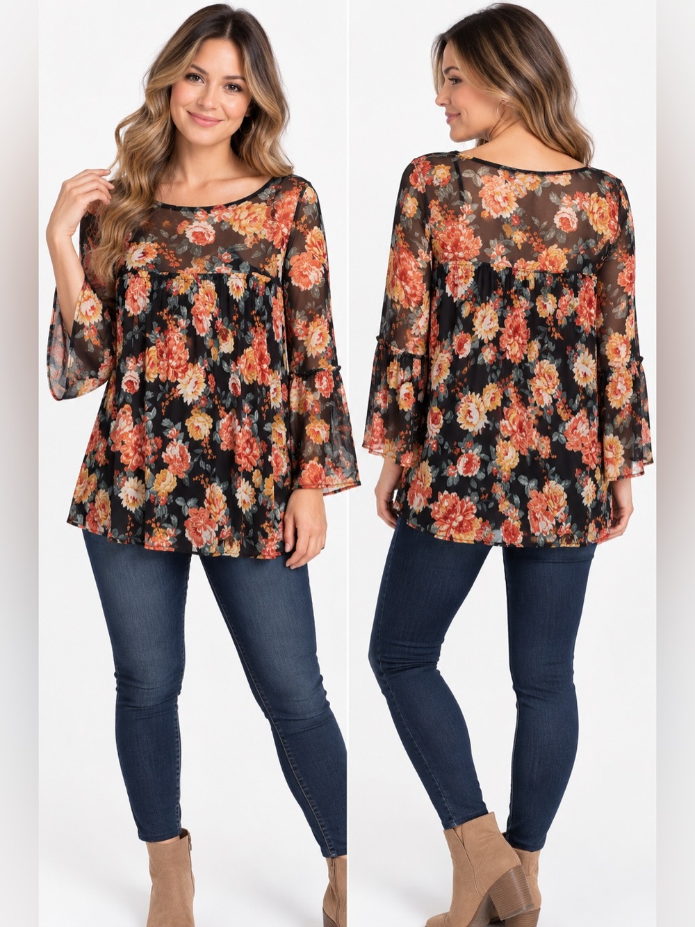 Bobbie Brooks XL Black Floral Sheer Mesh Babydoll Tunic Blouse Bell Sleev